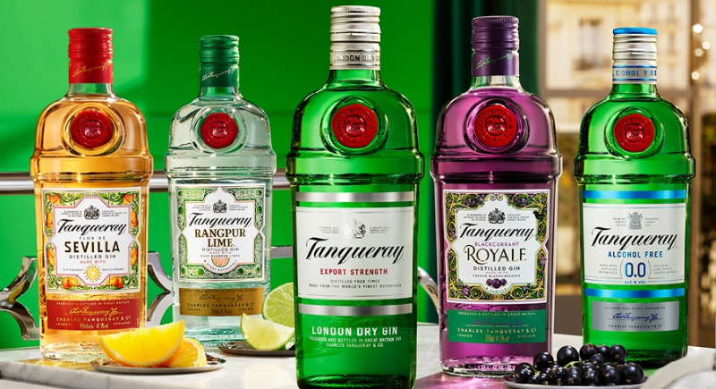row of tanqueray gin bottles