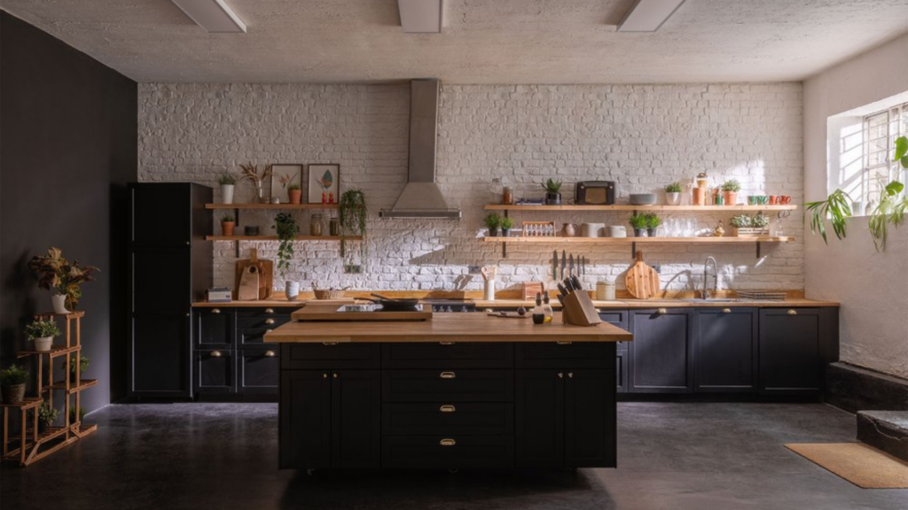 dark kitchen with white brick walls