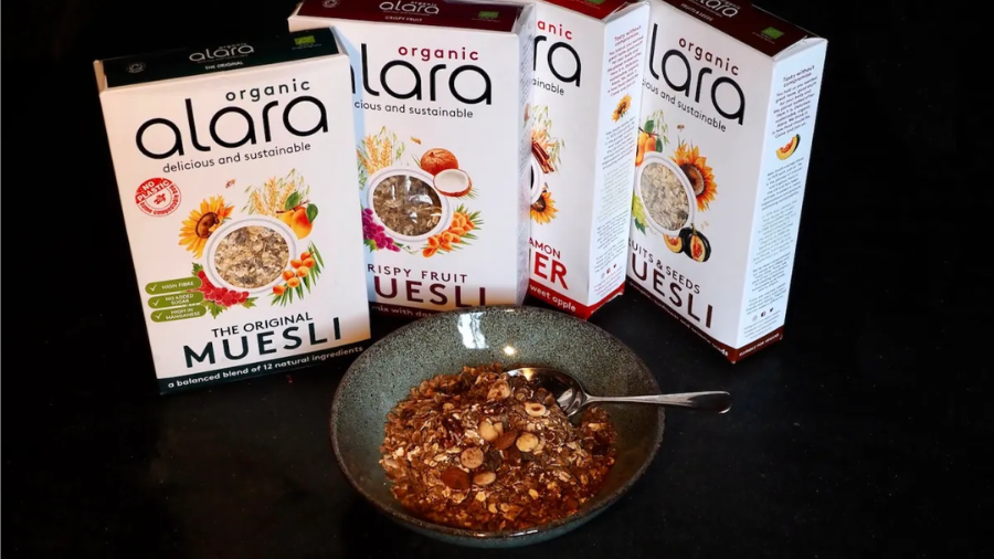 muesli cartons on a black background