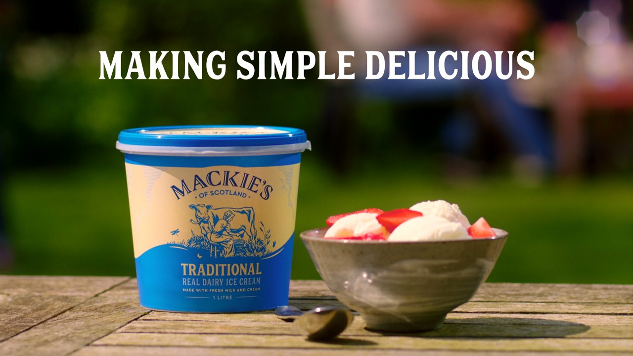 Carton of Mackie's ice cream with strawberries